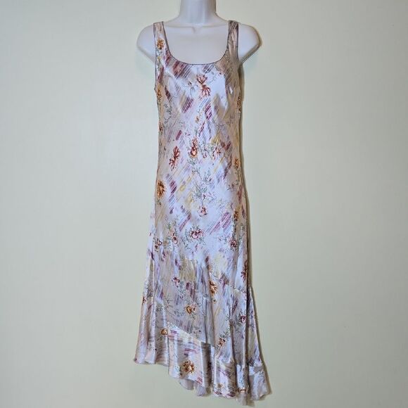 Vintage Lapis Y2K Fairy Silk Dress Size Large Beaded Asymetric Floral Midi Max - Picture 1 of 16